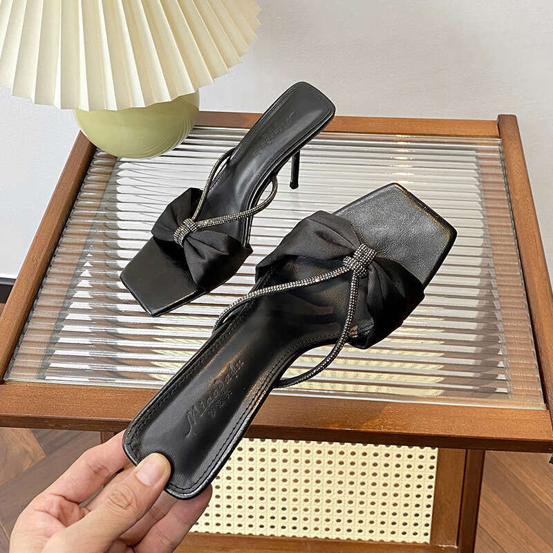 Woman Sandals Diamond Black Straight Strap Women Summer New Sexy Open Toed High Heeled Sandals For Wearing Half Slippers On The Outside