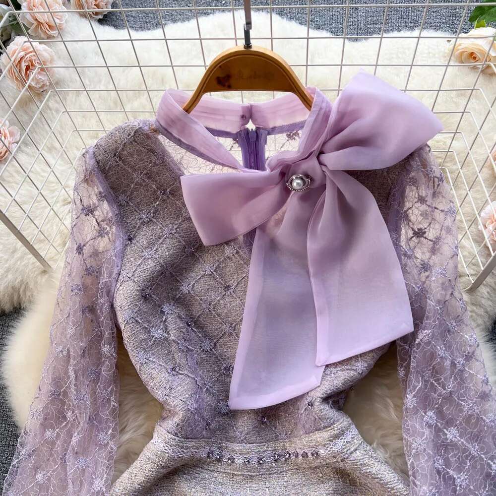 Elegant Long Sleeves Vintage Stand Collar Bow Chic Mesh Embroidered Beads Floral Slim A-Line Dresses High Street Autumn Clothing