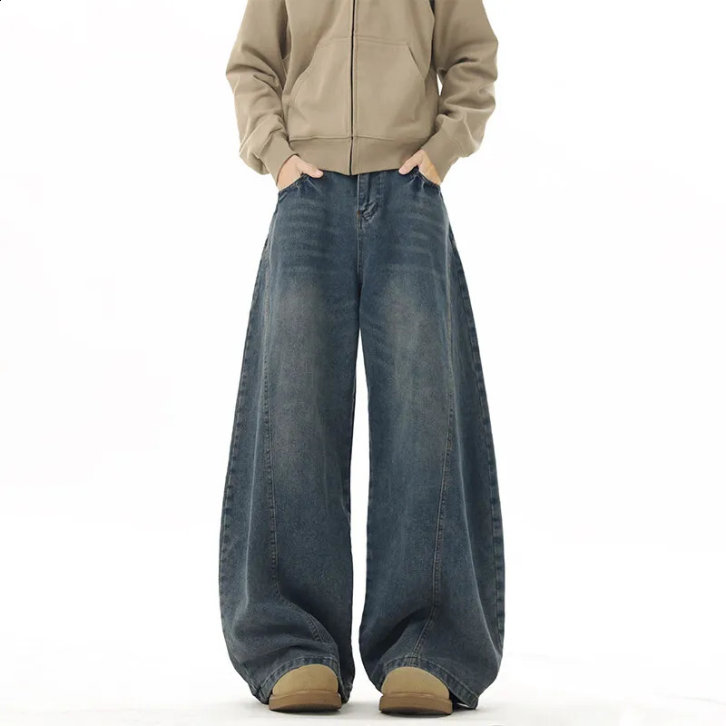 Wide leg jeans mens denim deep blue flooring cleaning bag Trouser street dance hip-hop unisex urban fashion urban streetwear 250423