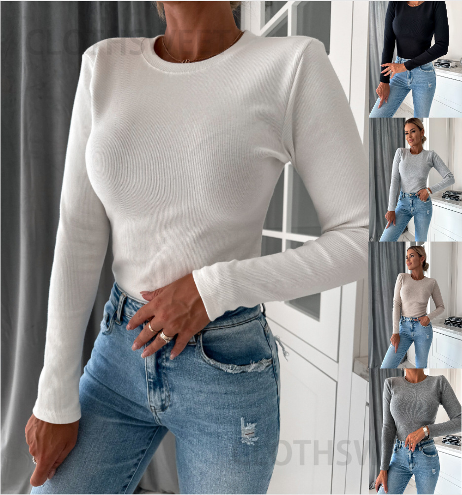 2023 autumn and winter simple solid color round neck new long sleeved knitted top for women