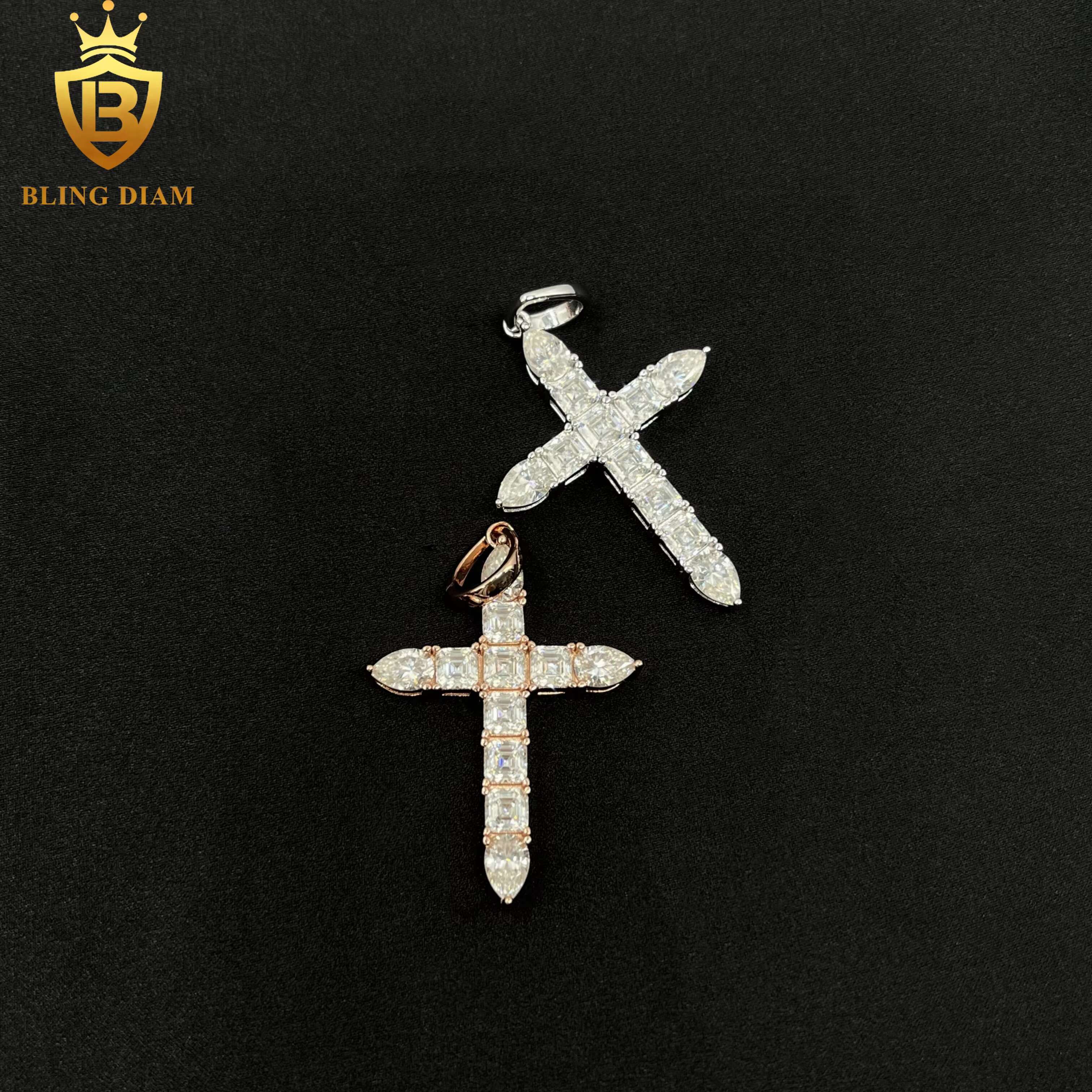 In Stock Fashion Hip Hop Jewelry Classic Tennis Cross Pendant Asscher Cut Necklace VVS Moissanite 925 Sterling Silver
