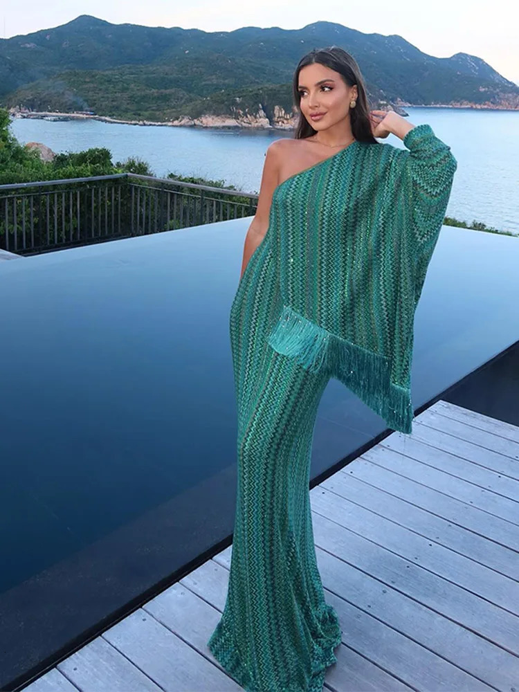Stripe Loose Women Dresses Tassel With Scarf V neck Female Maxi Dress Summer Fashion Party Full Sleeve Lady Green Vestidos 251120