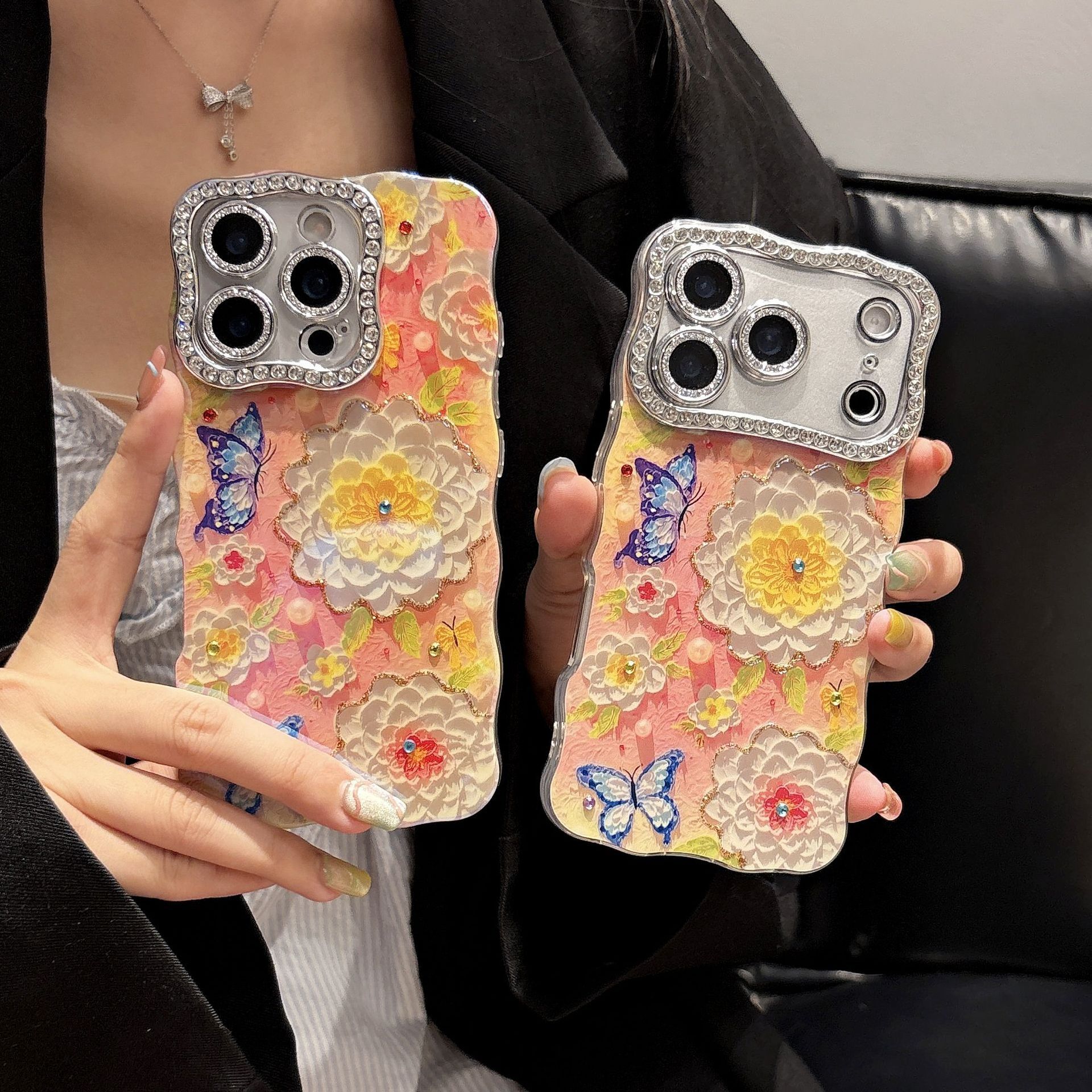 Blue Light Butterfly Camellia Flower Phone Case Compatible with iPhone 17 Pro Max Twisted Edge Protective Case iPhone 16/15