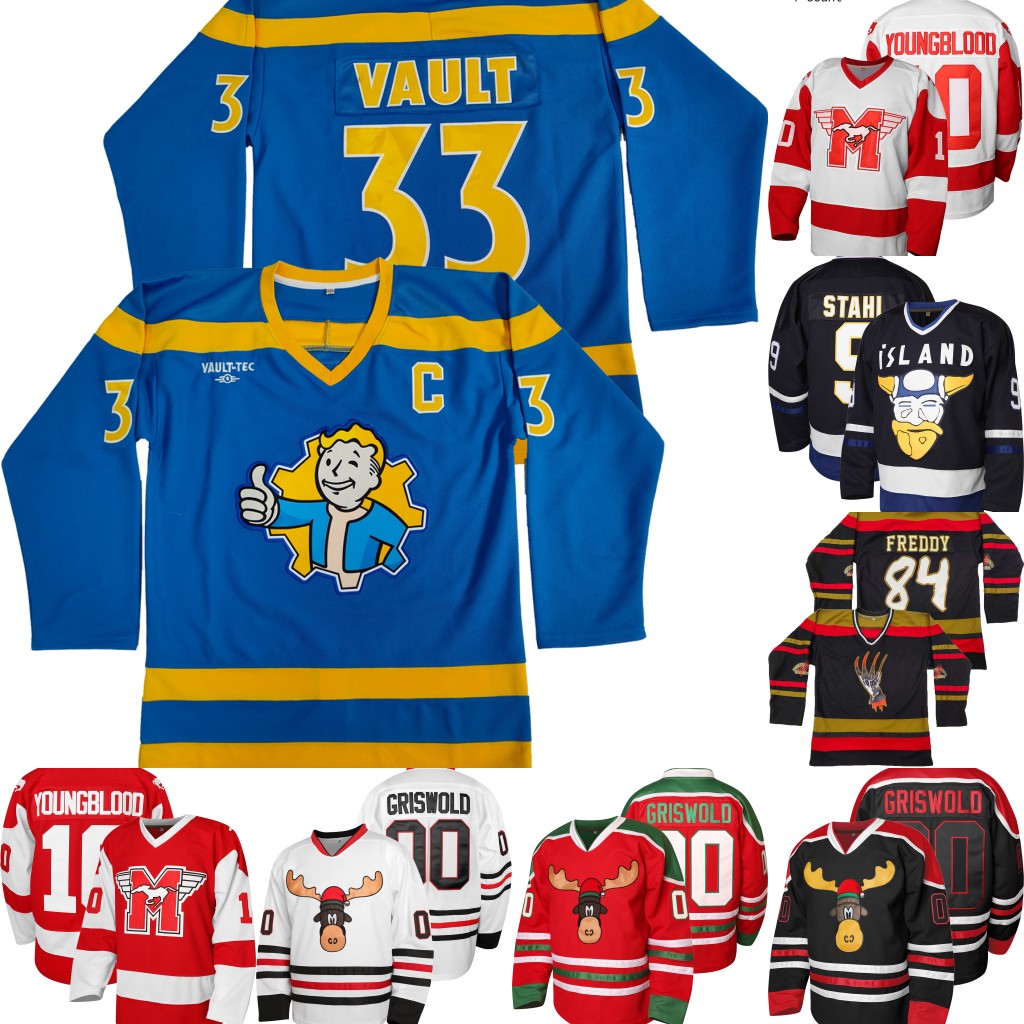 In Stock Clark Griswold 00 Shore 69 FREDDY 84 FALLOUT VAULT BOY 33 Zach Parise 11 Dean Youngblood 10 Happy Gilmore 18 Hockey Jerseys Breathable Jersey