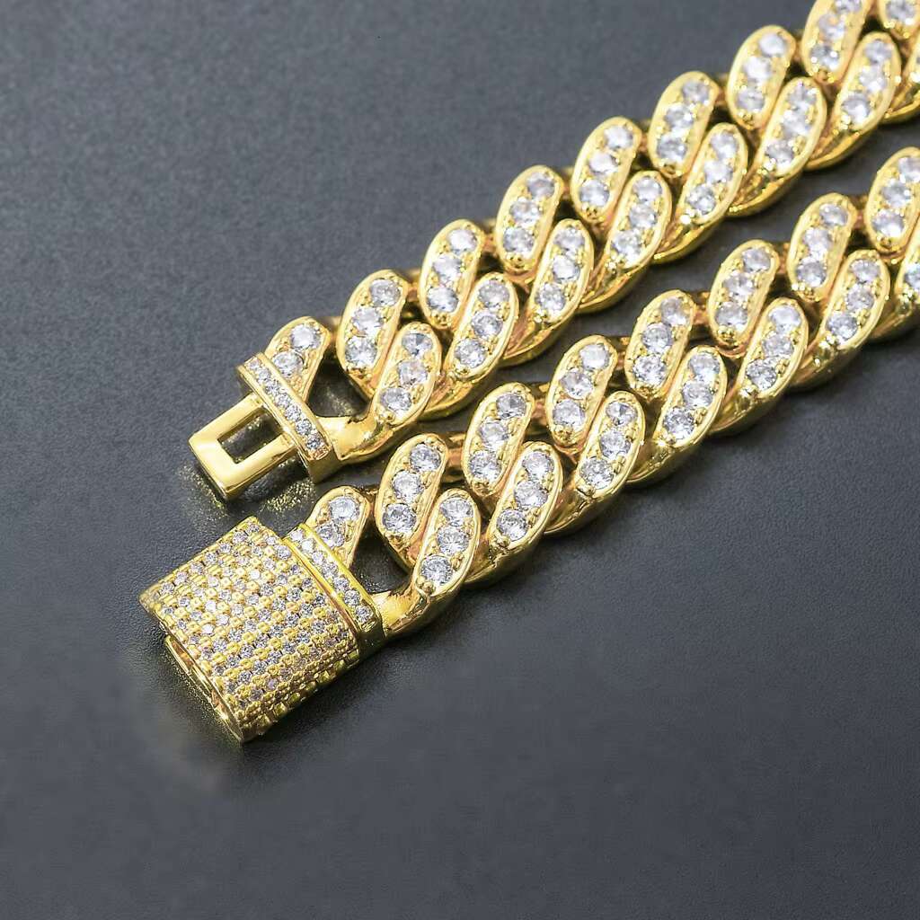BES 12MM Hip Hop Jewelry Gold Plated Baguette Cuban Chain Cubic Zircon Diamond Prong Miami Iced Out Cuban Bracelet