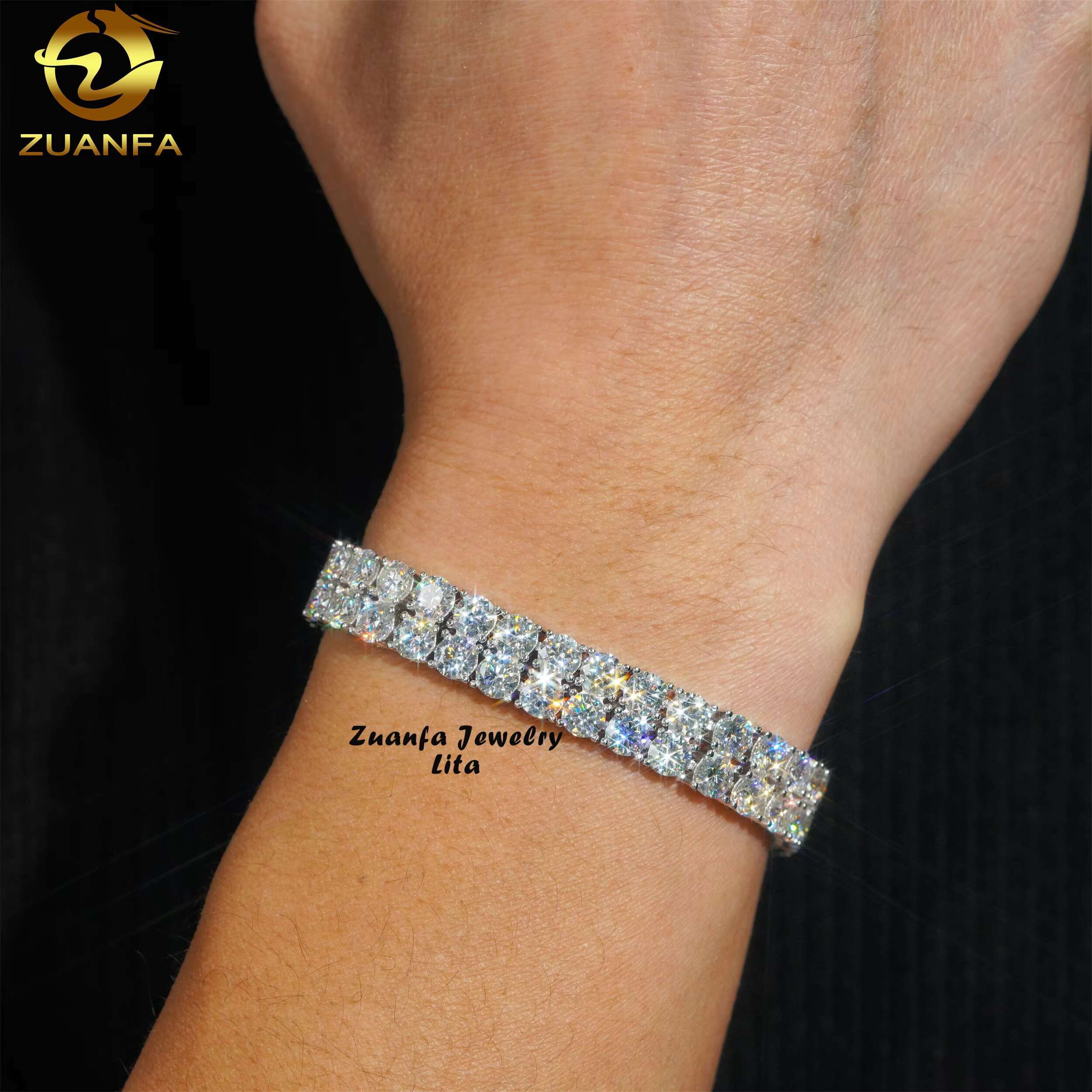 Hip Hop Rapper D Color VVS Diamond Silver Gold Plated 10mm Two Rows Moissanite Tennis Chain Bracelet
