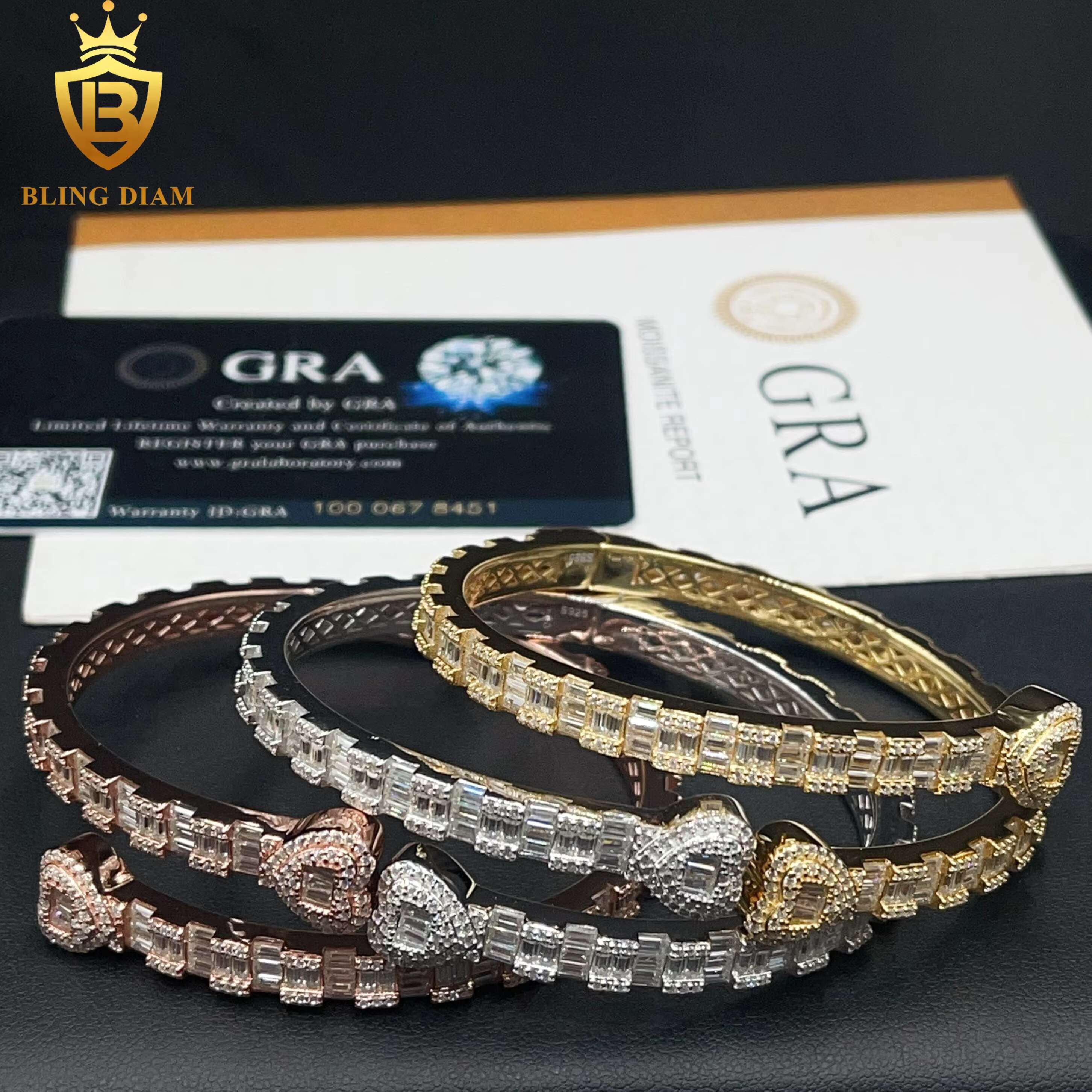 5.8mm Heart Design Fashion Jewelry Open Bracelet 925 Sliver Iced Out Baguette Moissanite Bracelets