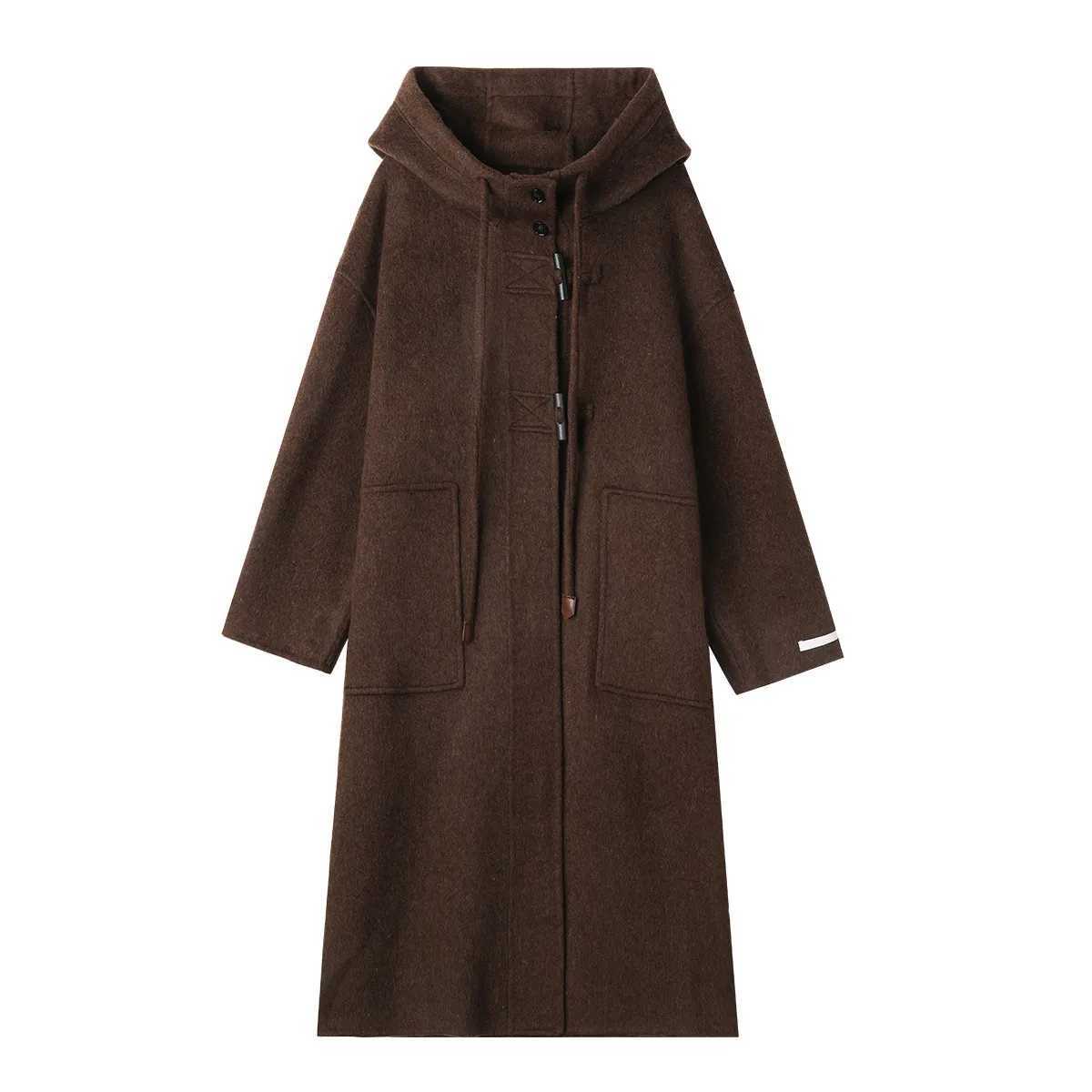 Womens Retro Maillard Color Wool Blend Hooded Coat Women Winter Mid Long Drawstring Trench Coat A Chic And Elegant Outerwear J251124