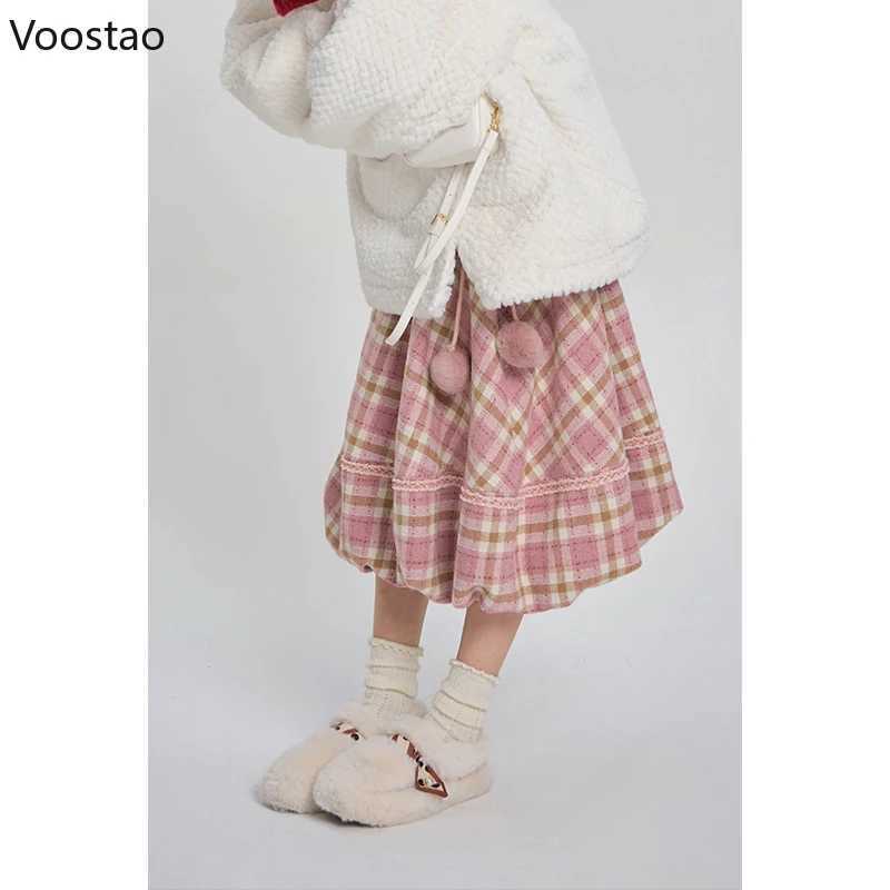 Pink checkered retro skiing autumn womens preparatory style chic plush ball elegant Midi skiing Korean women Y2k A-Line skiing M250424