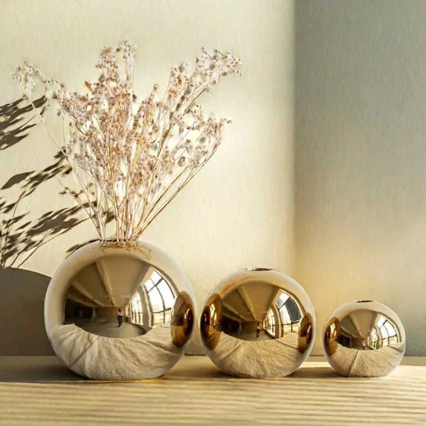 Luxury Galvanized Silver Ball Ceramic Vase Living Room Dining Table Art Vase Plant Flower Arrangement Countertop Ornament C2511242