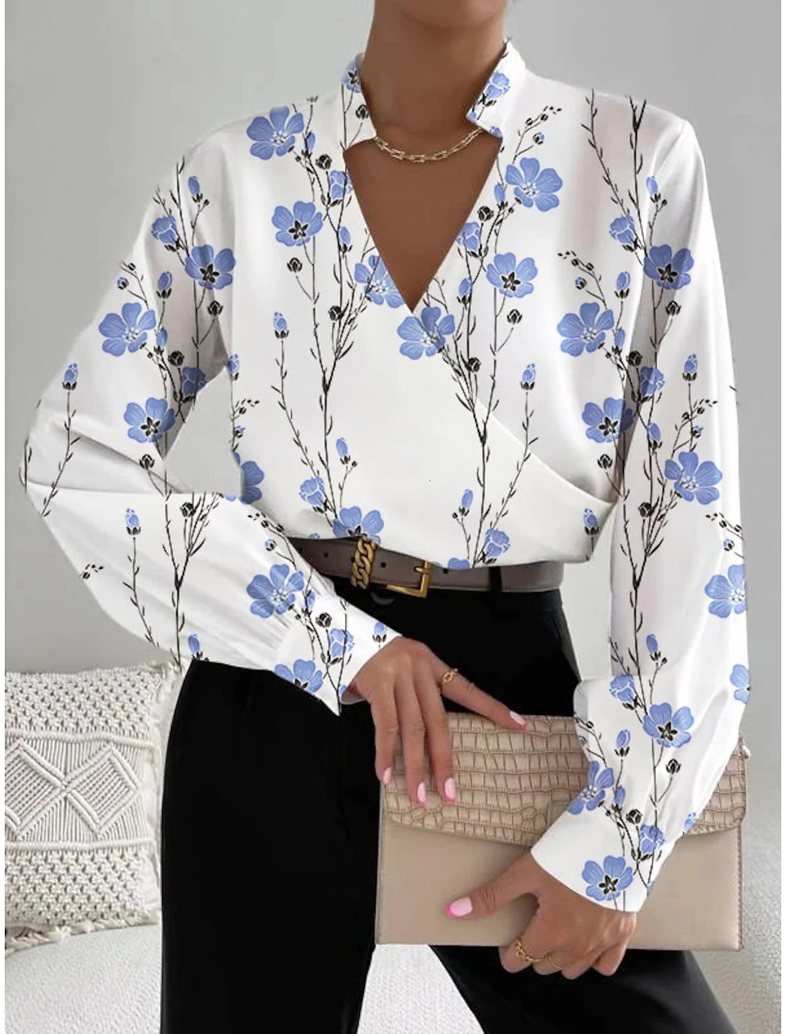 2023 Autumn New Product Long Sleeve V-neck Splicing Shirt for Women