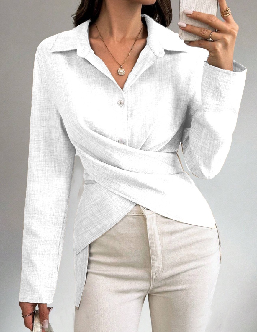 2024 Autumn Simple Fashion Versatile Waist Collection Solid Color Shirt Womens Wear