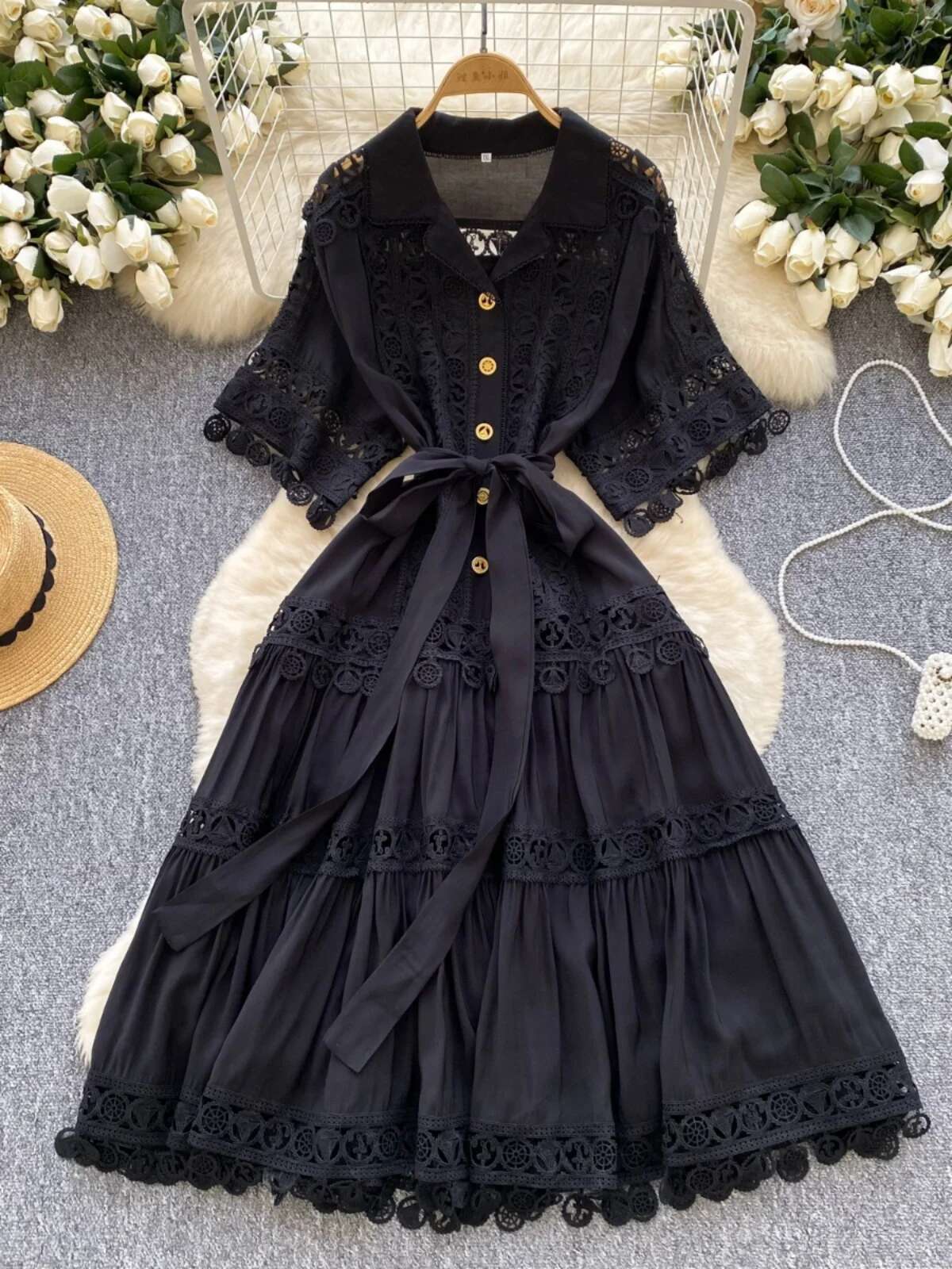 Hollow Out Midi Dresses Shirt Women Summer Holiday Elegant Single Breasted Button Lace Belt Embroidery Party Long Vestido