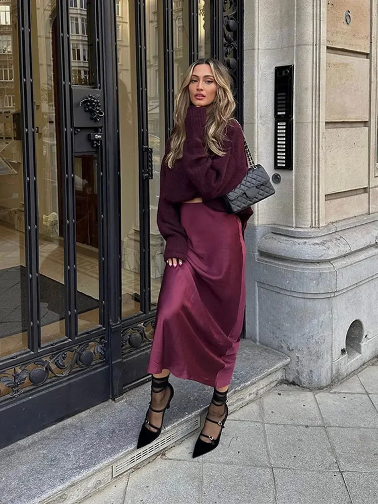 ZBZA Womens Satin Effect Midi Skirt Elastic High Waist ALine Casual Spring Fashion Long 250417