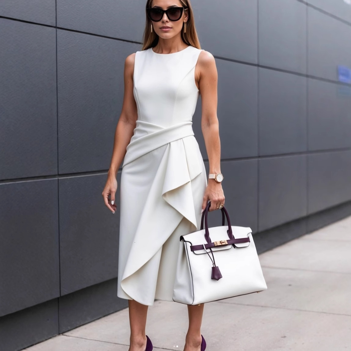 2025 Summer Solid Color Temperament Waist Sleeveless Asymmetric Dress for Women