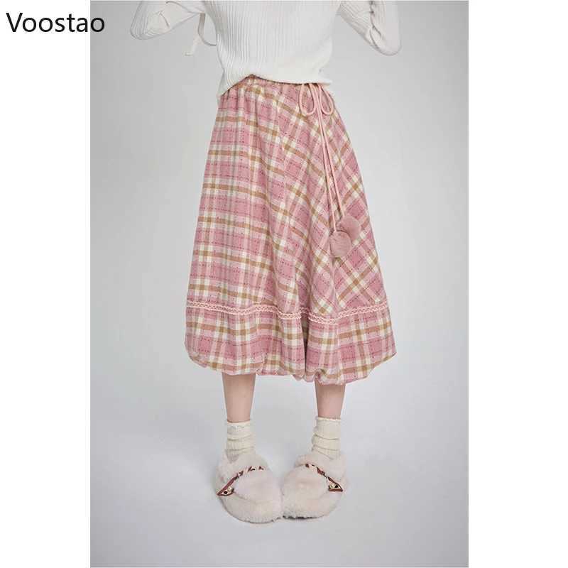 Pink checkered retro skiing autumn womens preparatory style chic plush ball elegant Midi skiing Korean women Y2k A-Line skiing M250424