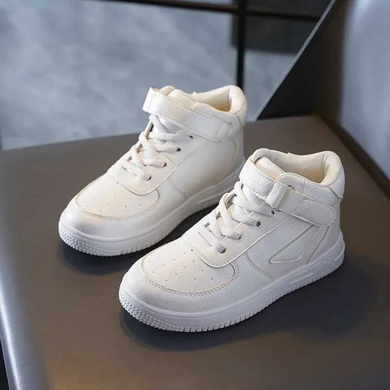 Spring 2024 New Fleece-Lined Sneakers White Casual High-Top Student Shoes Breathable Rubber Sole Childrens Lei C260130