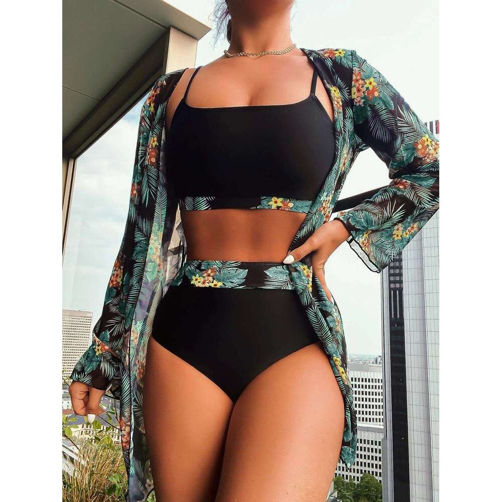 Triangl Bikini 2025 New Ethnic Maple Leaf Conservative Printed Long Sleeve Splicing Style Three Piece Swimming Set New Product New Arrival