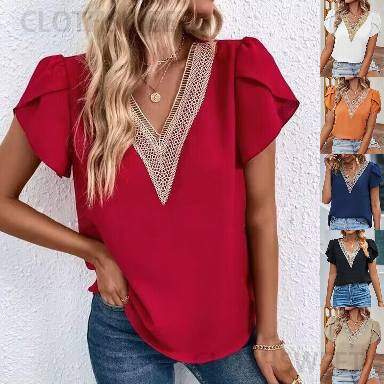 2023 Summer New V-neck Petal Sleeve Short Sleeve Solid Color Top for Women