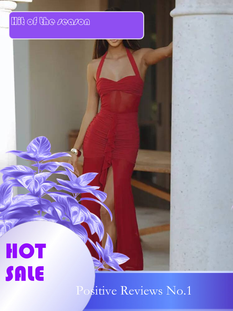 Dongdumaoyi Townlike Mesh Patchwork Pleated Slim Bodycon Dress Women Midi Long Halter Summer Backless Split Sexy Party Dresses