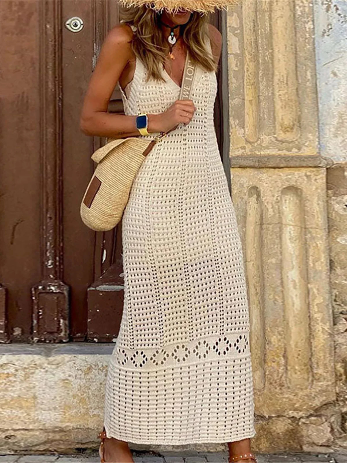 SXL 2025 Vneck Hollow Crochet Knitted Beach Cover Long Dress Holiday K5699 250422