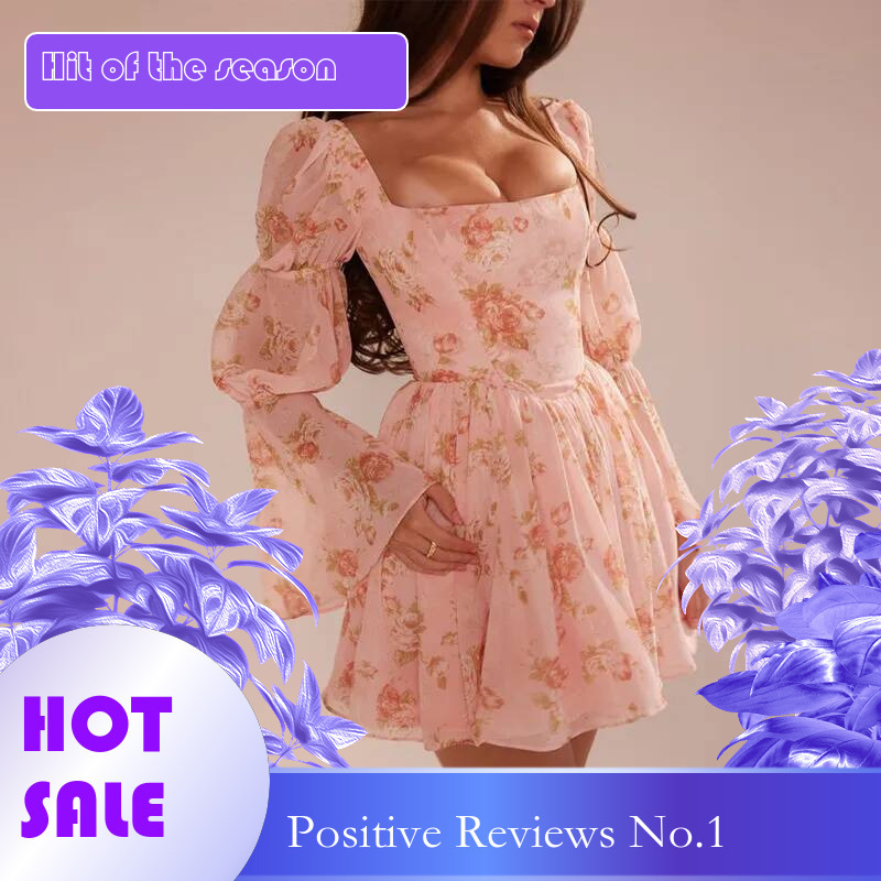 Dongdumaoyi Townlike Floral Print Waist Wrap A Line Dress Women Flare Sleeve Mini Autumn Winter Nightclub Sexy Party Dresses