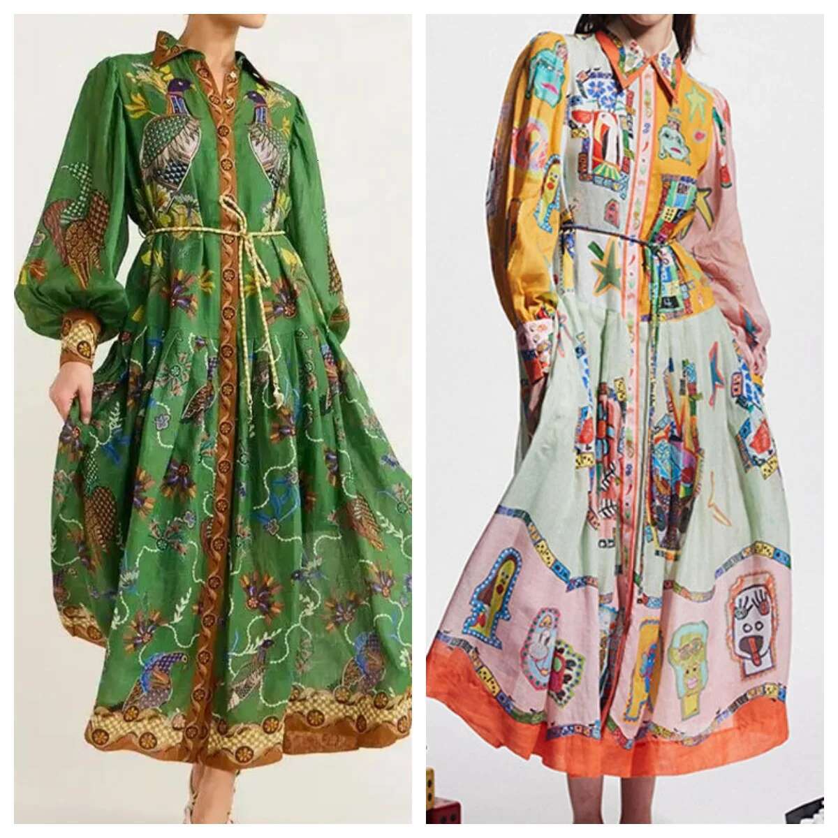 New European And American Women's Fashion Retro Lantern Print Long Sleeve Swing Dress Woman