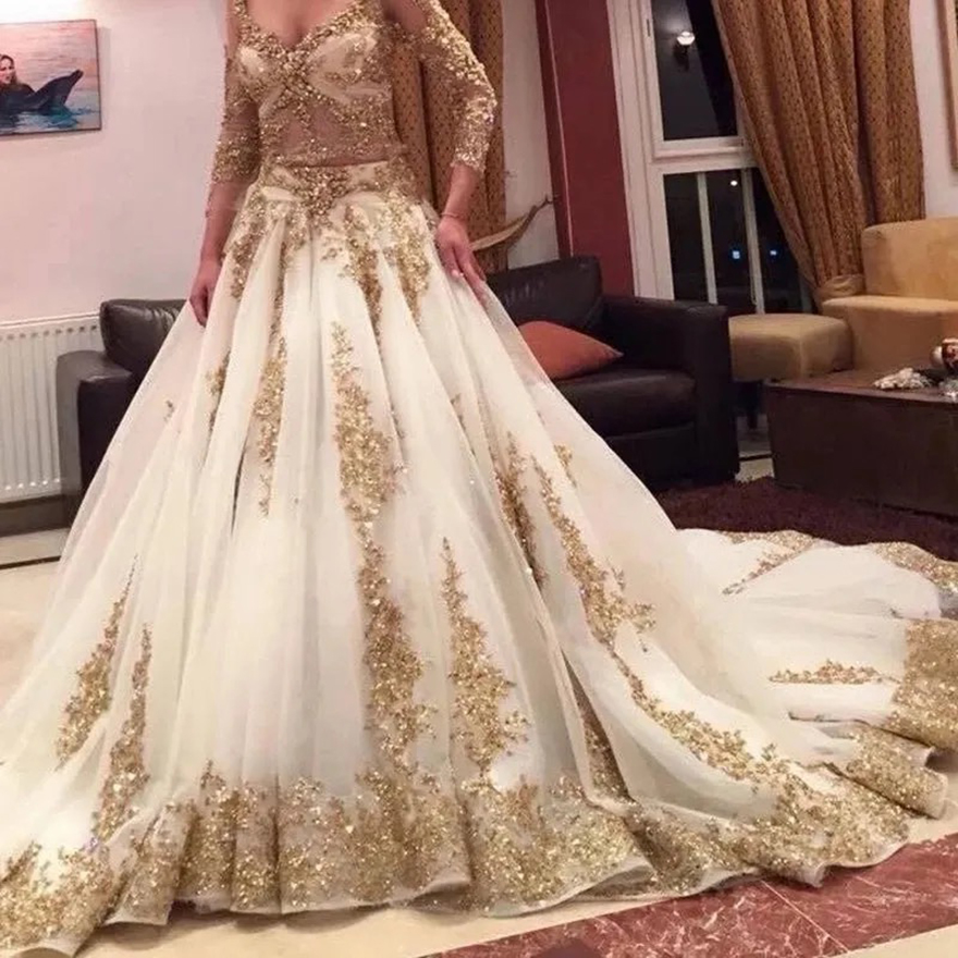 2025 Luxury Indian White Wedding Dresses with Gold Applique Deep V-Neck Long Sleeves Bridal Gowns Custom Vestido De Novia
