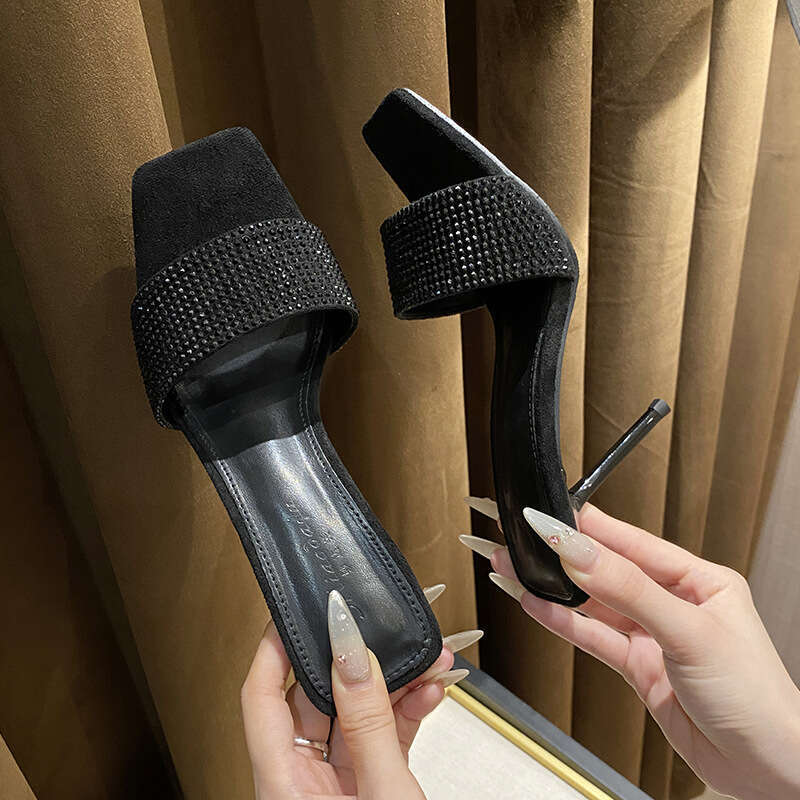 Woman Sandals Square Toed High Heeled Slippers For Women In Purple Summer Sexy Socialite Wearing Rhinestones Exposed Toes One Line Slim Heel Sandals W