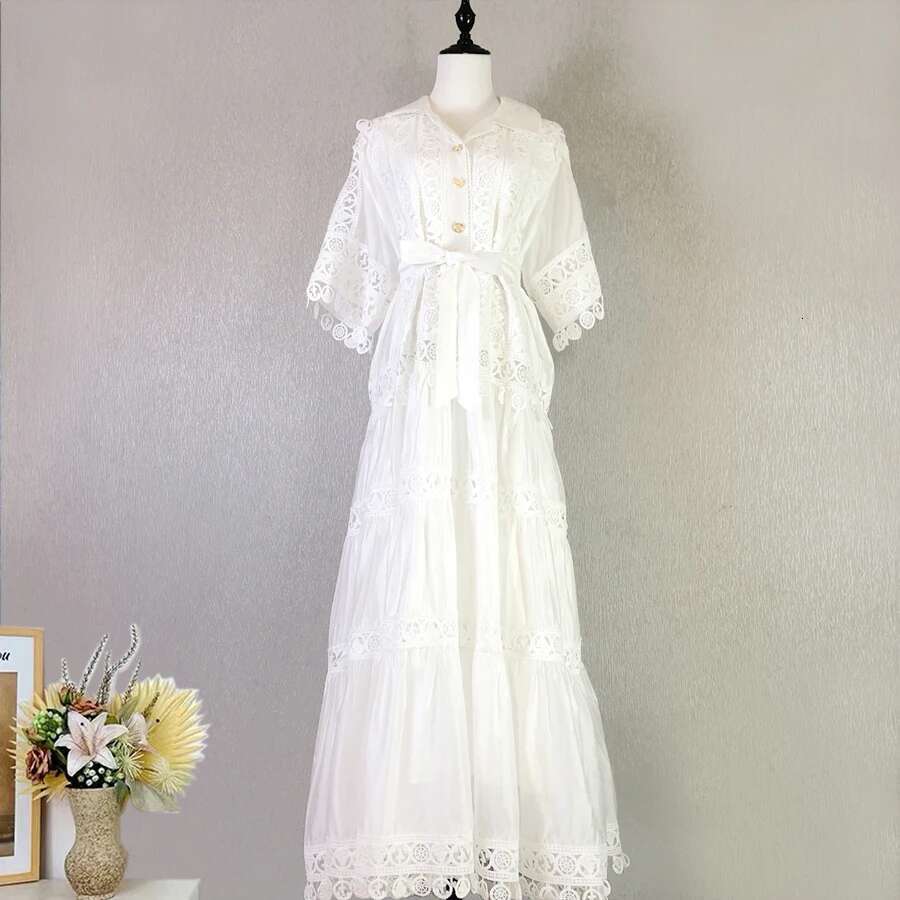 Long Maxi Dresses Shirt Women Summer Holiday Embroidery Crochet Hollow Out Evening Party Vestidos Loose Elegant Robe