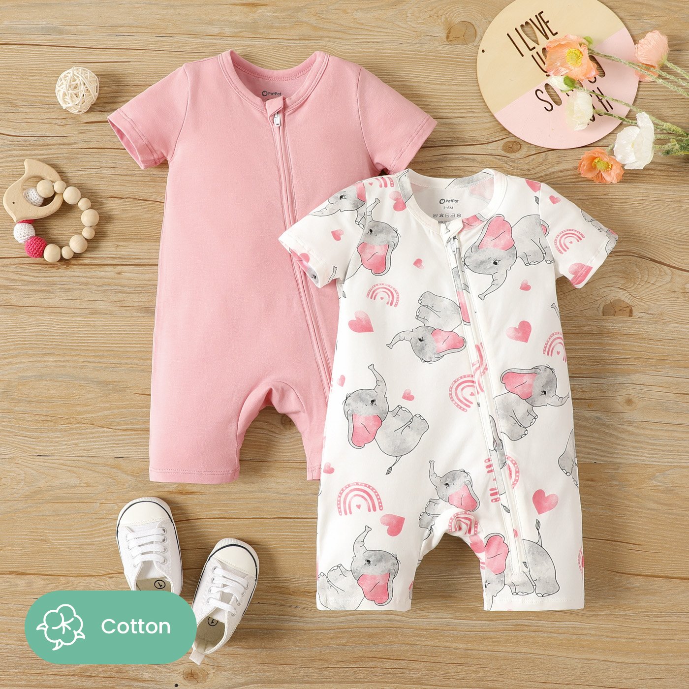 PatPat 2-Pack Baby Girl Cotton Elephant Print/Pink Zipper Design Short-sleeve Rompers
