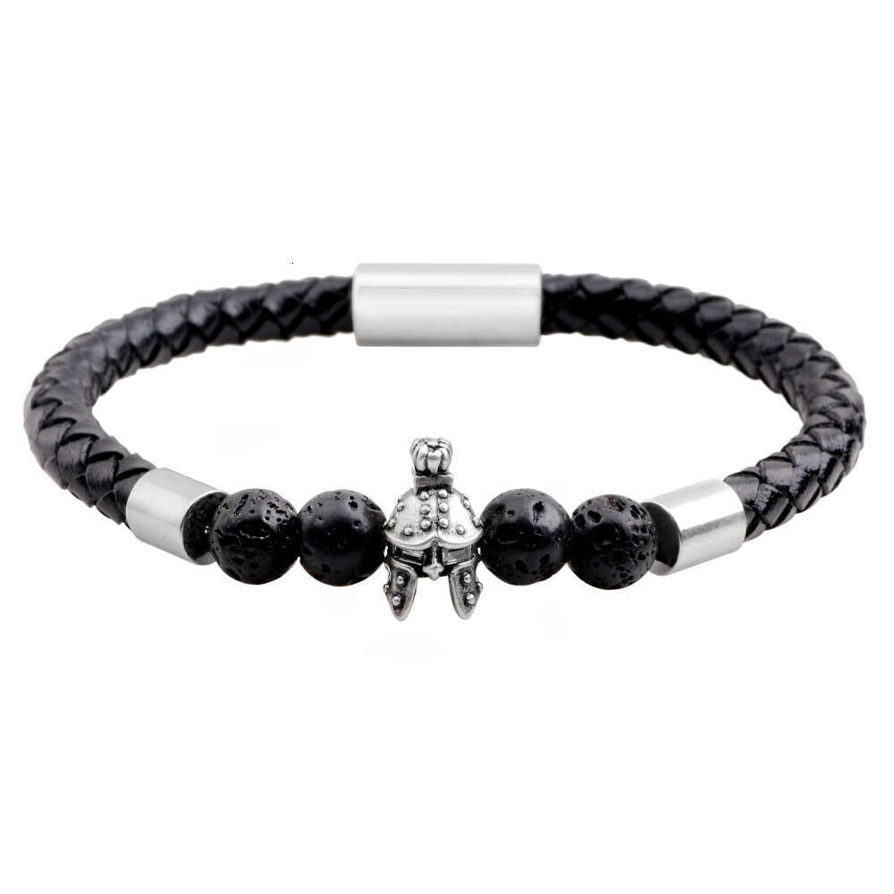 Nimei New Roman Personalized Fashion Knight Helmet Black Matte Tiger Eye Stone Genuine Leather Bracelet