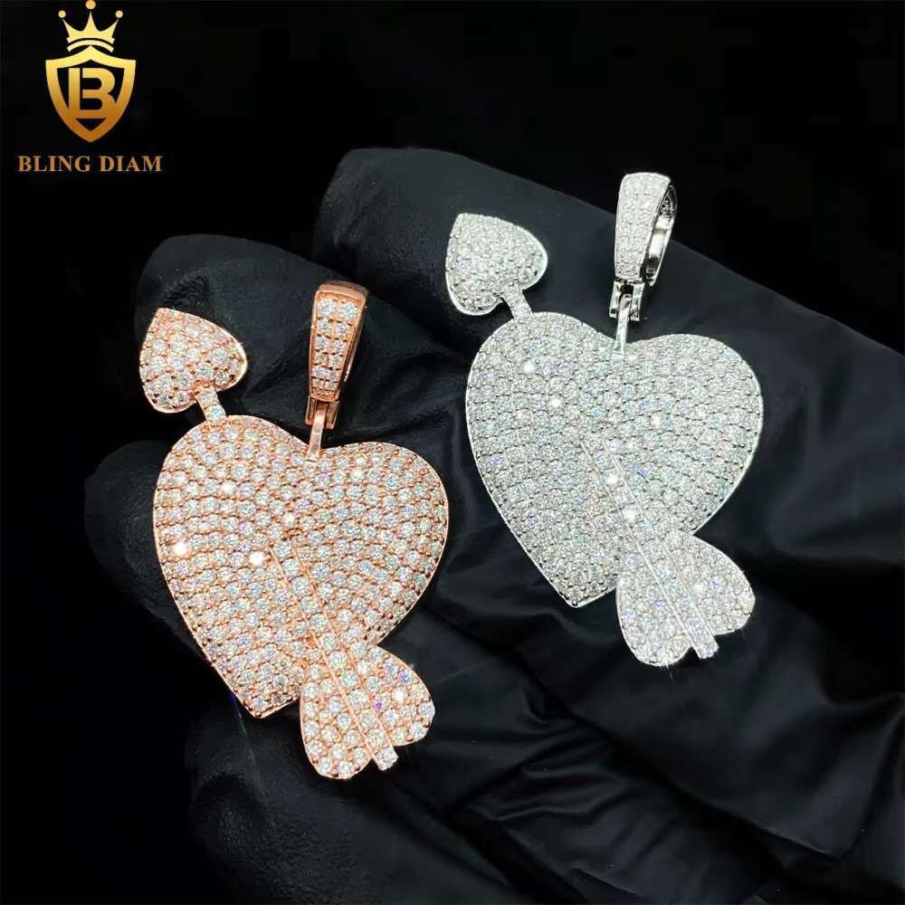 Hip Hop Jewelry Fashion Necklace 925 Sterling Sliver VVS Moissanite Cupids Arrow Heart Charms Pendants