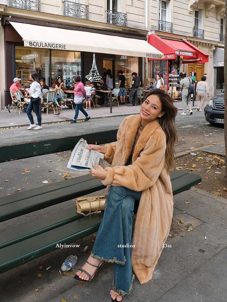 Lautaro Autumn Winter Luxury Soft Thick Warm Faux Mink Fur Coat Women Shawl Collar Elegant Retro Chic Fluffy Furry Overcoat 2025 J251124