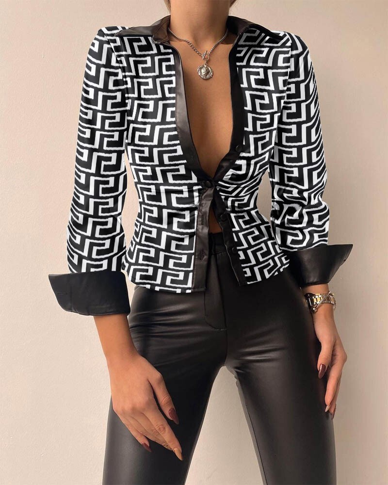 2022 spring long sleeved V-neck PU leather stitched womens shirt