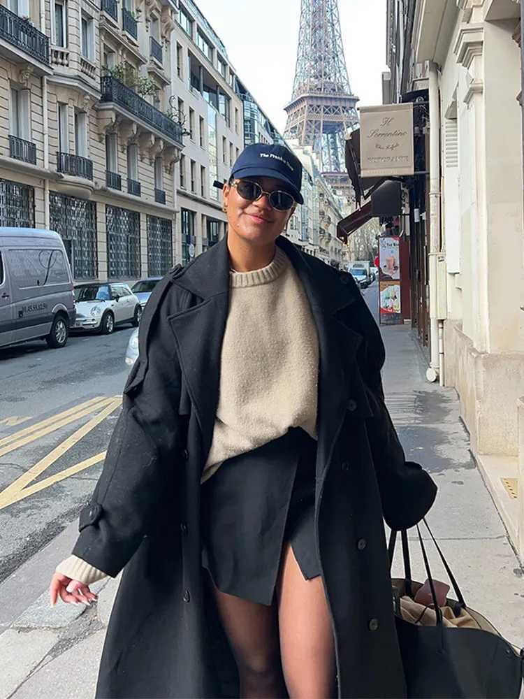 Woolen Breasted Long Coat Women Lapel Double Breasted Casual Pocket Chic Elegant Outwear Autumn Winter Street Lady Overcoat J251124