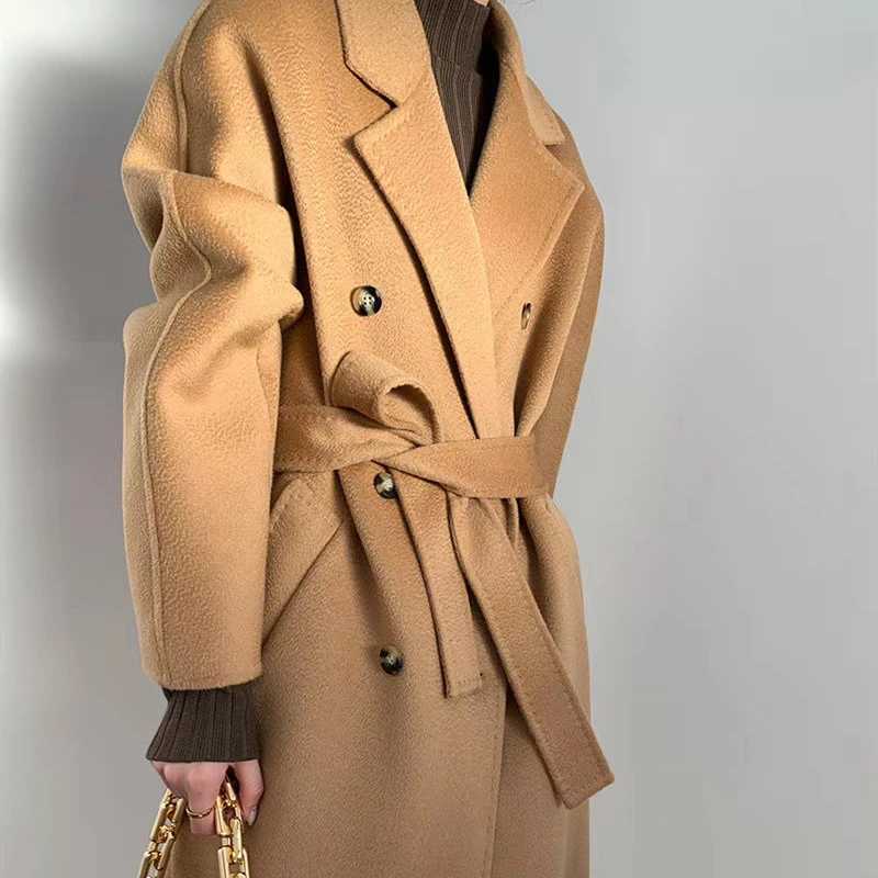 Wool Blends Autumn and Winter Luxury 2023 New Double-sided Cashmere Overcoat Womens Long Length High-end Lapel Coats with Belt J251124