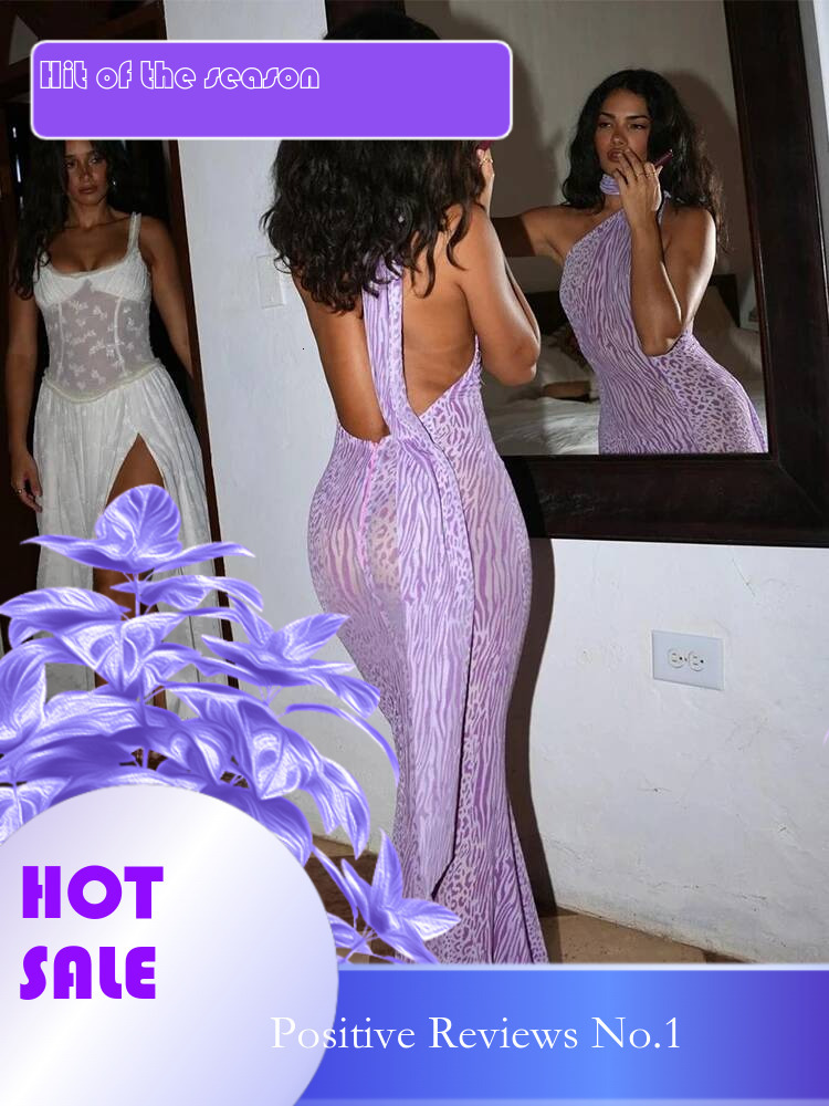 Dongdumaoyi Townlike Leopard Print Mesh Sexy Party Dress Women One Shoulder Summer Backless Slim Bodycon Maxi Long Dresses