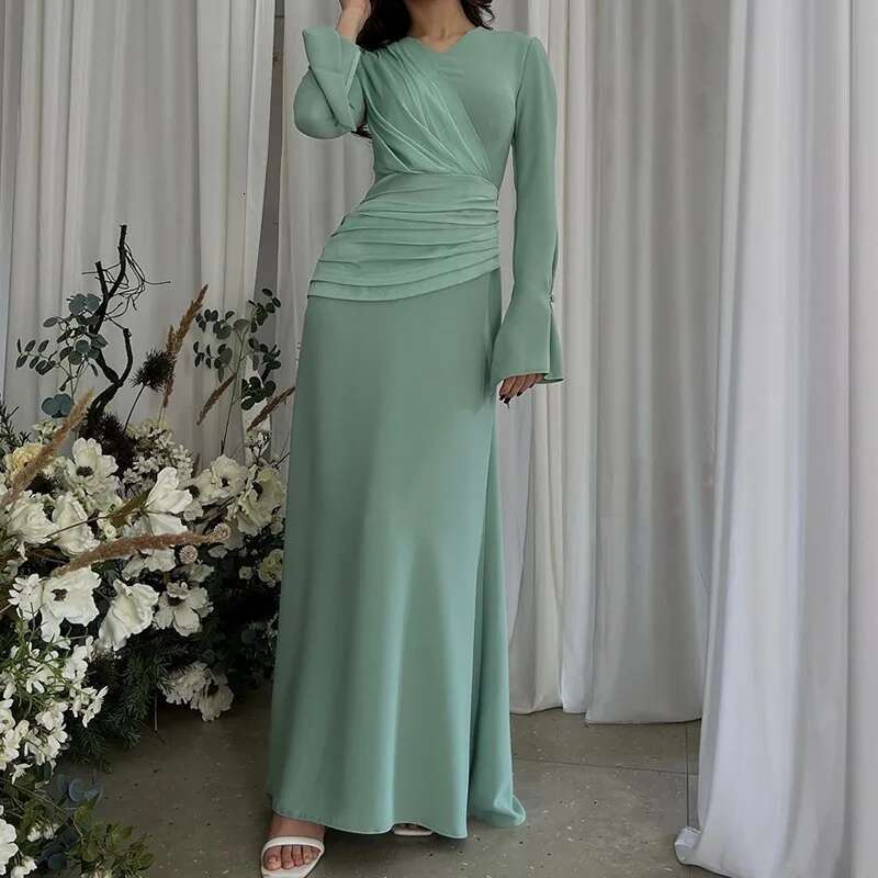 VGH Temperament Solid Pleated Long Dresses For Women V Neck Flare Sleeve Spliced Crisscross Lace Up High Waist Slim Dress Female