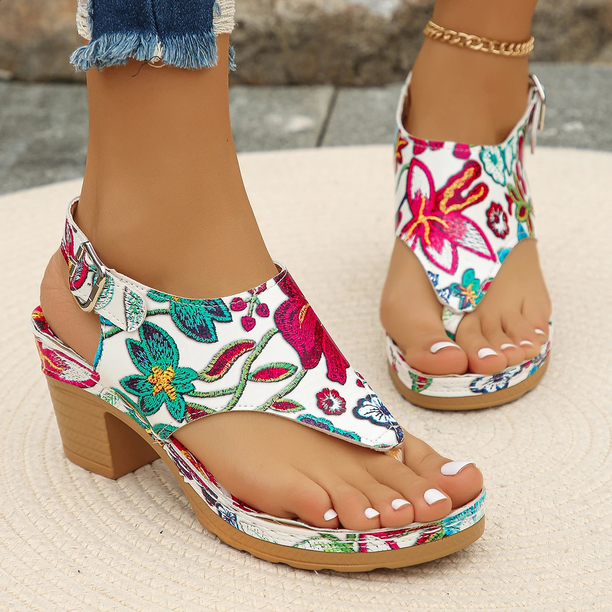 Fashion Summer Women Sandals Outdoor Mixed Colors Open Toe Shoes for Women Chunky Heels Large Size Rome Elegant Sandals Women 250418