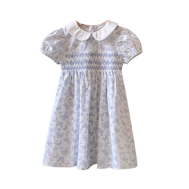 2025 Summer Childrens Clothing Butterfly Printed Embroidered Girls Dress French Style Bubble Sleeves Middle and Small Childrens Skirt Y25042342gu