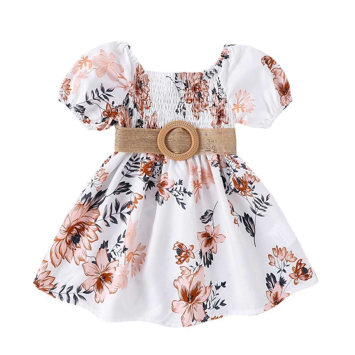 Summer Girls Vacation Style Floral Dress with Pleated Sleeves and Waist Belt Two-piece Fashionable Princess Dress Y250423i2lw