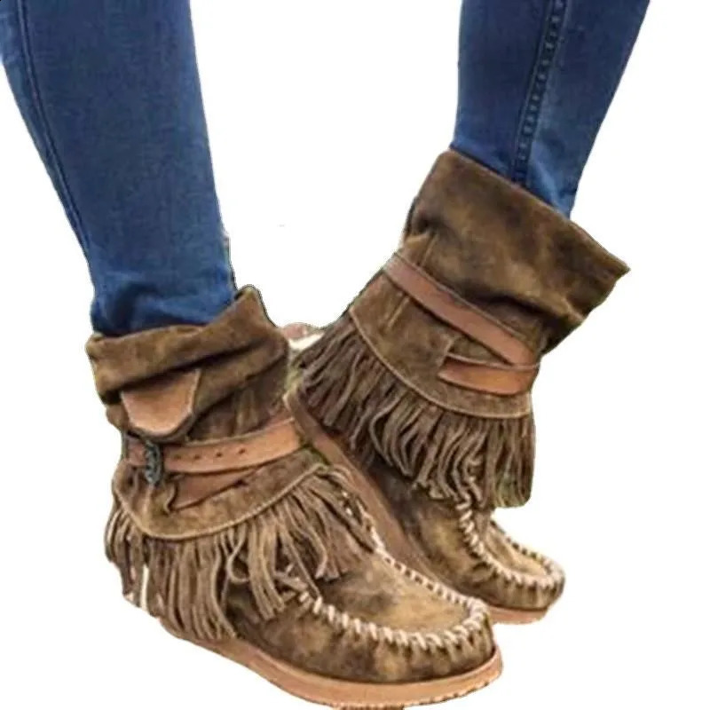 Winter Flat Bottom Sleeve Large Tassel Ethnic Style Cotton Boots Womens Leather ankle Boots P715 250418