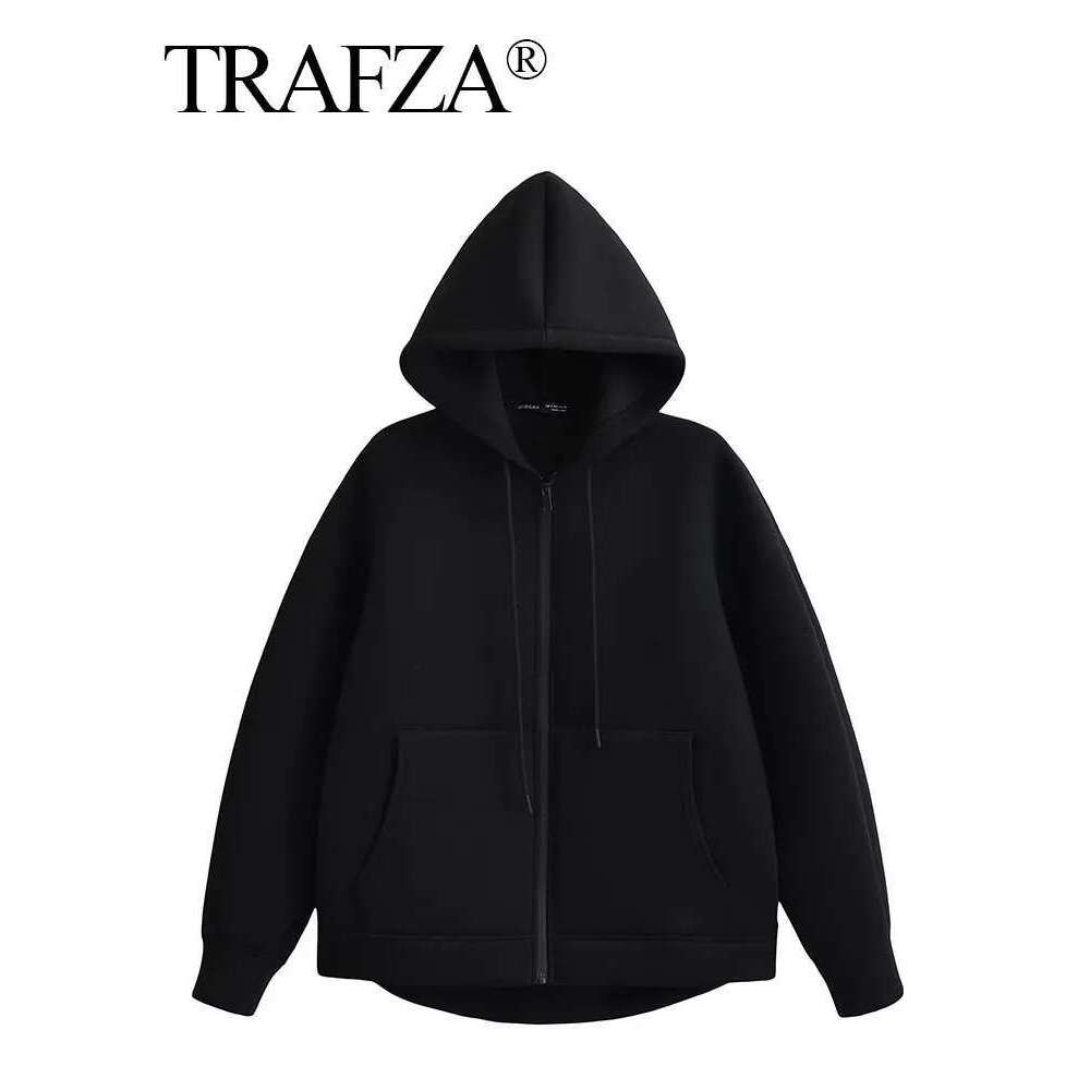 TRAFZA Autumn Women Gray With Hood Long Sleeve Big Pocket Zipper Jacket Woman Loose Casual Outerwear Coat Tops
