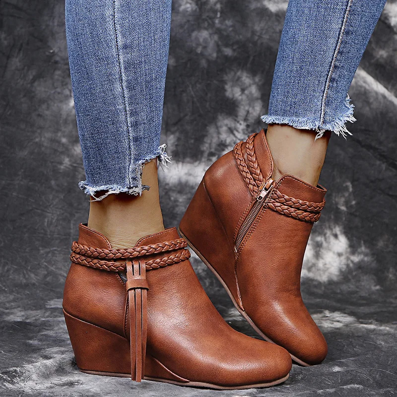 Retro Women Platform Boots Tassel Wedges Boots Women Zipper Solid Color Short Booties Round Toe Shoes for Women Zapatos De Mujer 250418