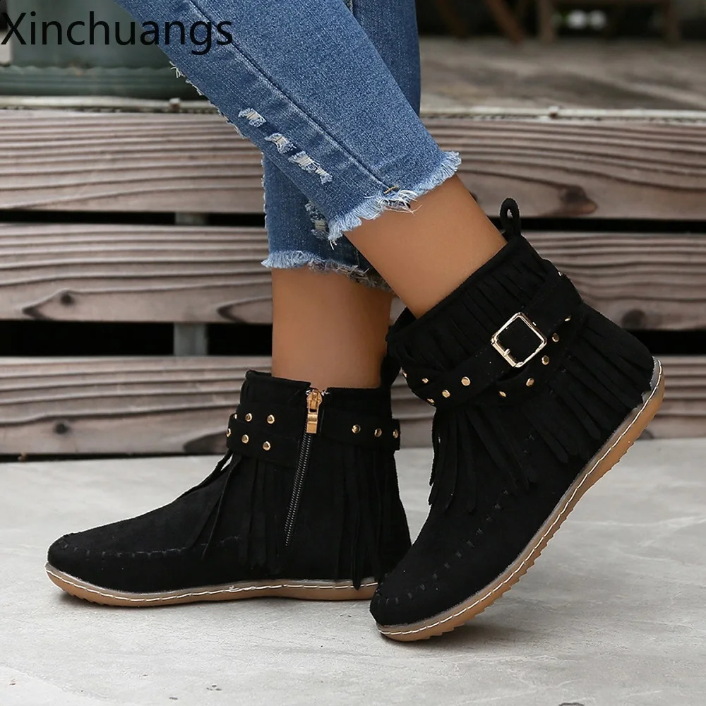 Retro Women Tassels Round Toe Short Boots Winter Casual Flat Rivet Buckle Flat Ankle Boots Warm Shoes 250418