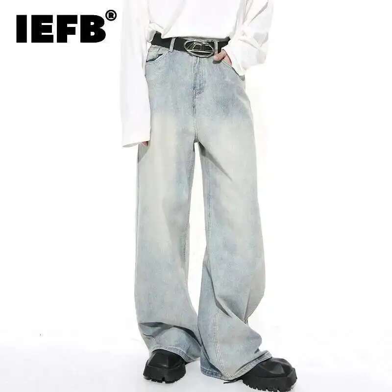 IEFB Washed Male Jeans Korean Fashion Worn Out Gradient Color Men's Denim Straight Pants Men Wide Leg Trousers Spring New 9C4502