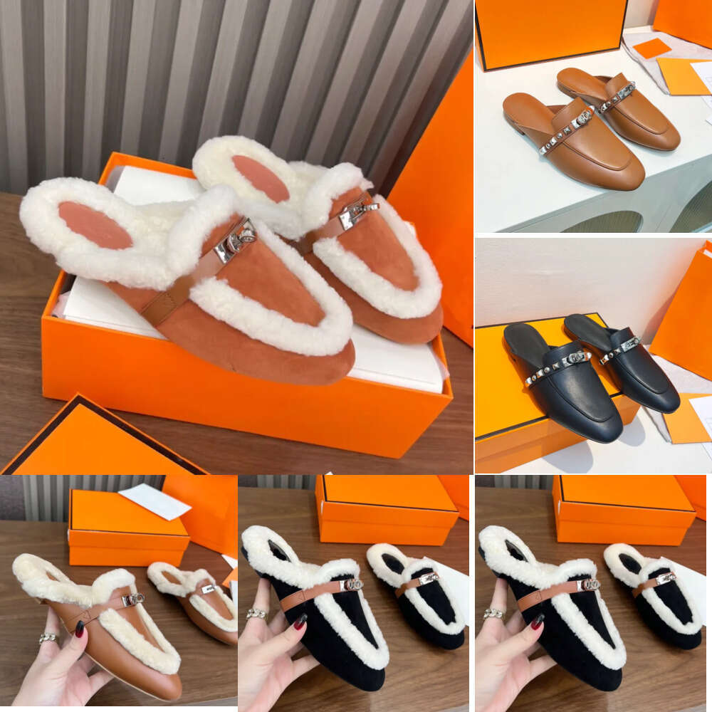 Designer Woman shoe mule fur slide clog sandal leather flat fluffy Furry Warm Fur Shoes cool shearling slipper with Kelly buckle Winter Slide Mules slide furry slide