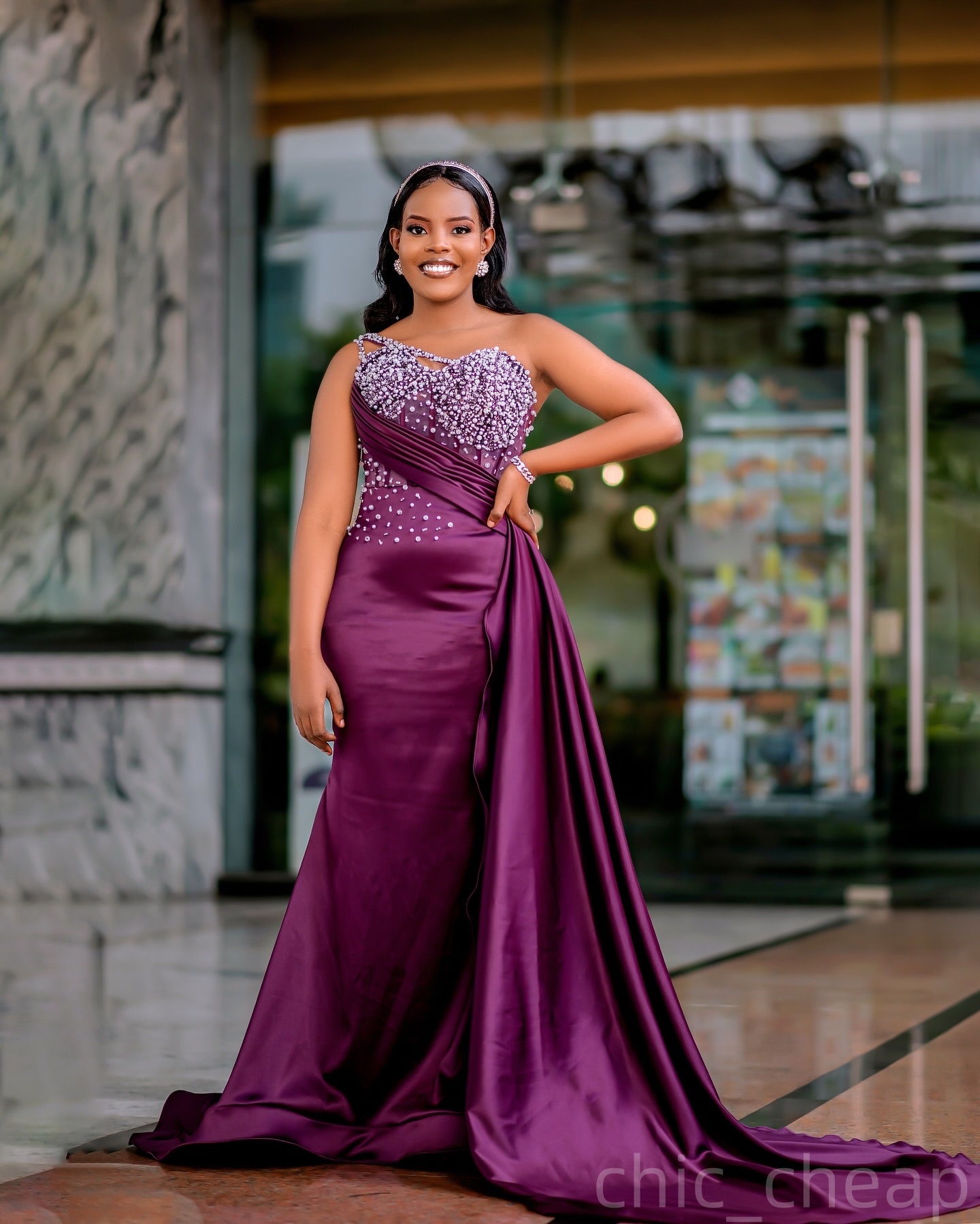 Mermaid Purple Plus Size Prom Dresses 2025 Pearls Crystals Satin One Shoulder Evening Formal Party Second Birthday Engagement Gowns Dress For Special 