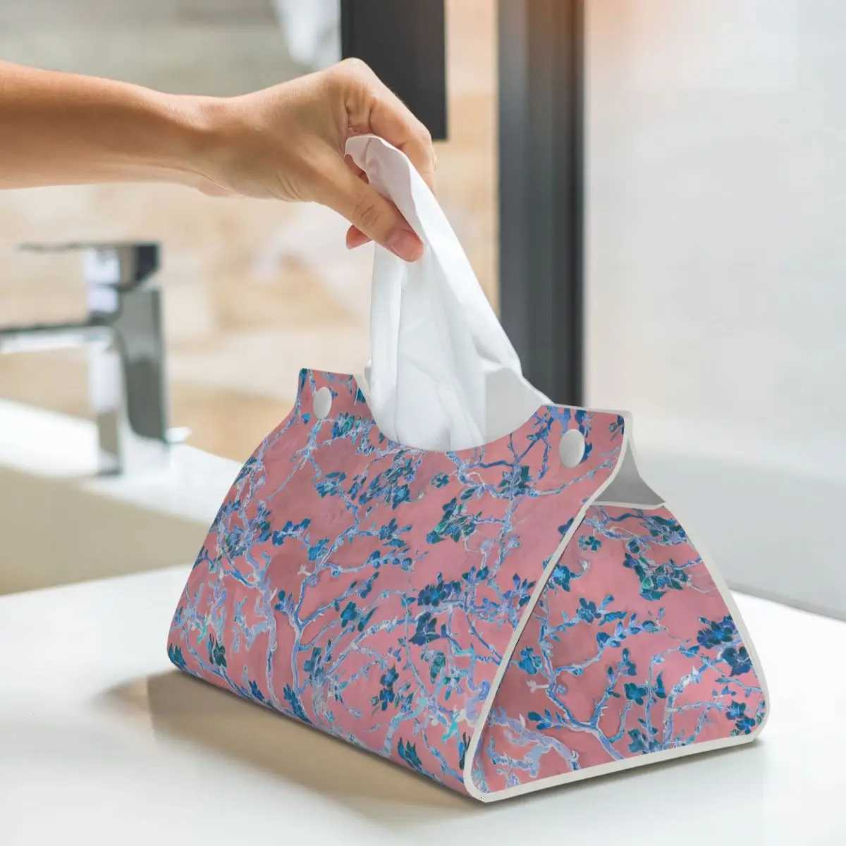 Custom Pink Van Gogh Almond Blossom Tissue Box Cover for Bathroom Car PU Leather Rectangular Facial Tissue Box HolderM251124